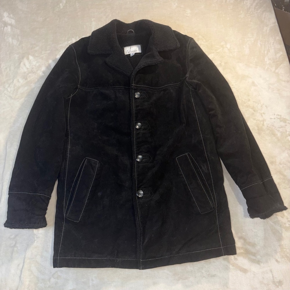 Wilsons Leather M. Julian Suede Car Coat Black Faux Shearling Lined Mens Small